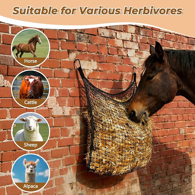 2 PCS Slow Feed Hay Net for Horses, Large Capacity Hay Bags with 4 Carabiner Clips and Gloves, Heavy Duty Slow Feeder for Horse Goat Sheep, Full Day Feeding for Stall Trailer, Black, 35 x 31 Inch