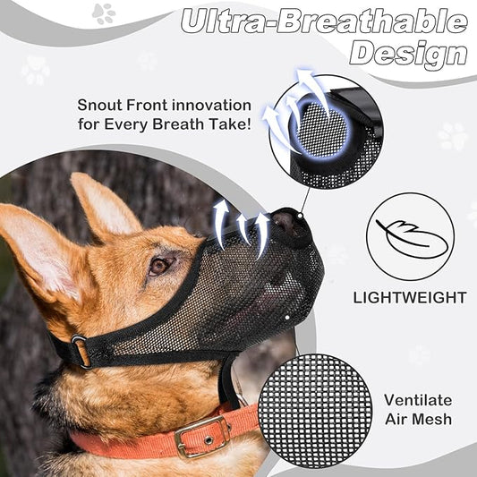 Dog Muzzle with Front Opening for Training and Treats, Breathable Air Mesh Muzzle for Biting Chewing Scavenging, Soft Lightweight Adjustable Mouth Guard for Small Medium Large Dogs (Black,XL)