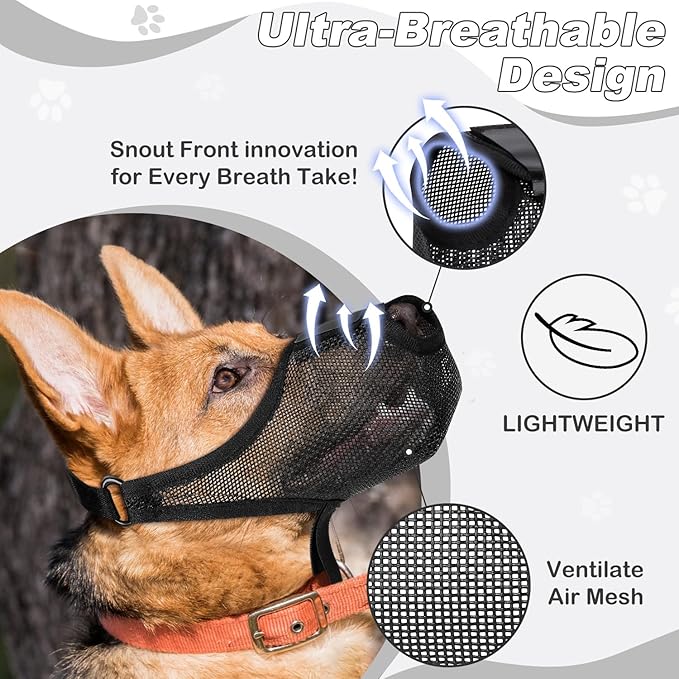 Dog Muzzle, Soft Air Mesh Muzzles for Medium Sized Dogs, Breathable Dog Mussels for Scavenging Biting Licking & Barking, Adjustable Mouth Guard with Front Opening, Allows Panting and Drinking(Black,M)