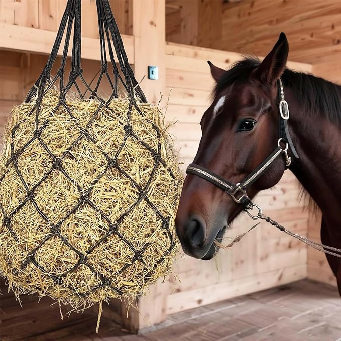 Slow Feed Hay Net for Horses,2 Pack Hanging Feeder for Horses Sheep Goats, Black Nylon Mesh Bag, 40 Inch Length, 2.36 Inch Holes, Cross Weave Design,