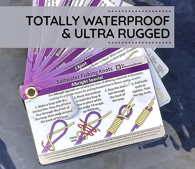ReferenceReady Saltwater Fishing Knot Cards - Waterproof Pocket Guide to 15 Big Game Fishing Knots | Includes Portable Book of Inshore and Deep Sea Fishing Knots and a Mini Carabiner