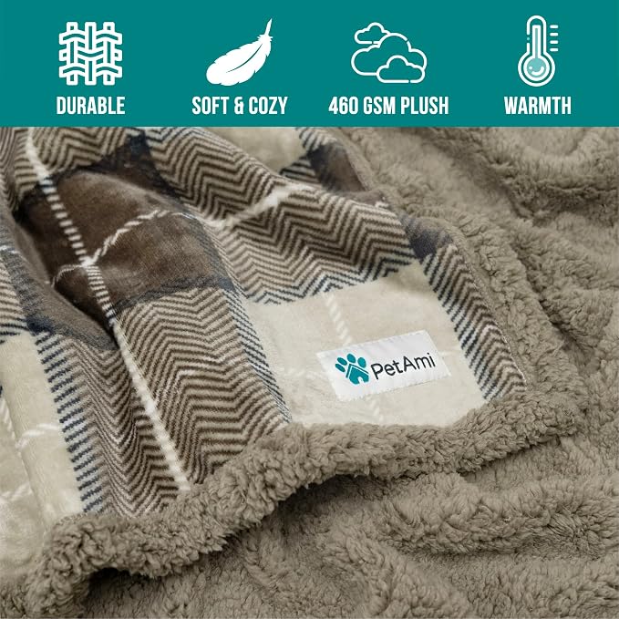 PetAmi Dog Blanket for Medium Large Dogs and Pets, Soft Sherpa Fleece Pet Blanket Throw for Cats Puppies, Reversible Plush Couch Cover Protector Sofa Bed Car Seat, Machine Washable, 80x60, Plaid Taupe