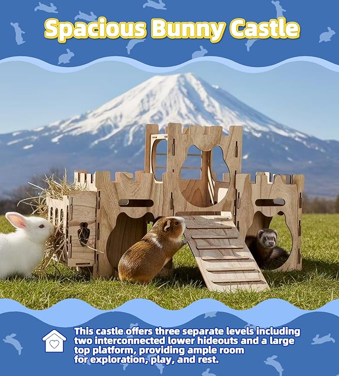 Larger Bunny Castle Sturdy Walnut Color Wooden Rabbit Hideout for Bunnies Guniea Pigs Ferrets Chinchillas Hamsters LXUS (Castle Ramp Feeder)