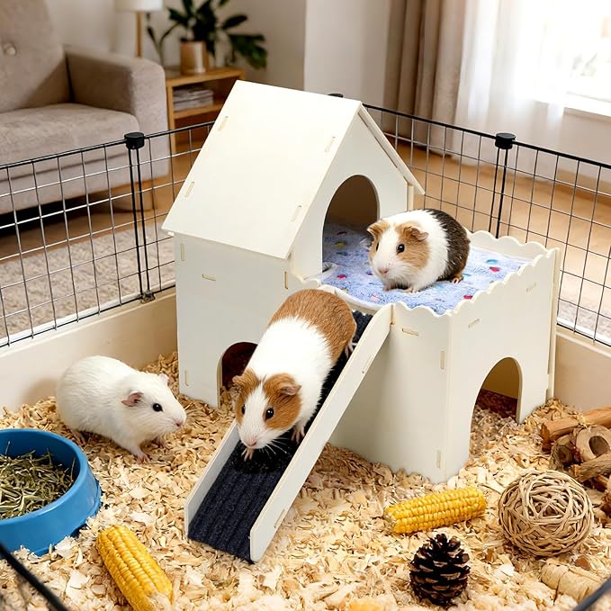 PETKNOWS Guinea Pig Hideout, Upgraded Guinea Pig Castle with Guinea Pig Ramp and Mats Large Guinea Pigs House for Playing Easy Assembly Wooden Guinea Pig Hideout for Small Animal Habitats