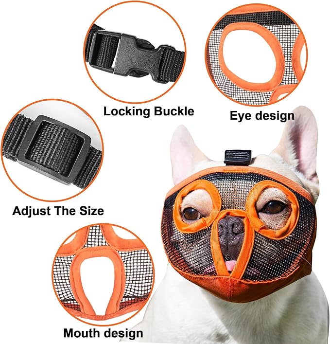 Short Snout Dog Muzzles- Adjustable Breathable Mesh Bulldog Muzzle for Biting Chewing Licking Grooming Dog Mask,Orange(Eyehole) M