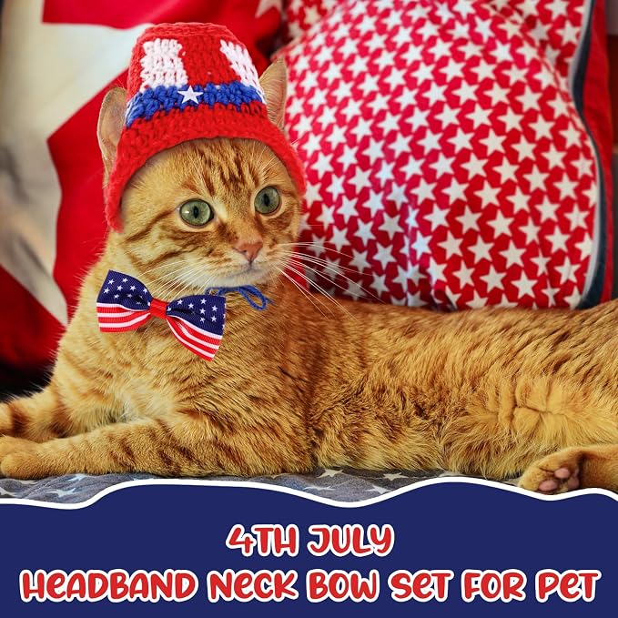 Ganeen 4 Pcs Independence Day Cat Costume 250 Anniversary 4th of July Pet Hat Headband American Flag Bow Tie Dog Cap USA 1776-2026 American Day Small Animal Top Hats Bowtie Collar Costume for Animal