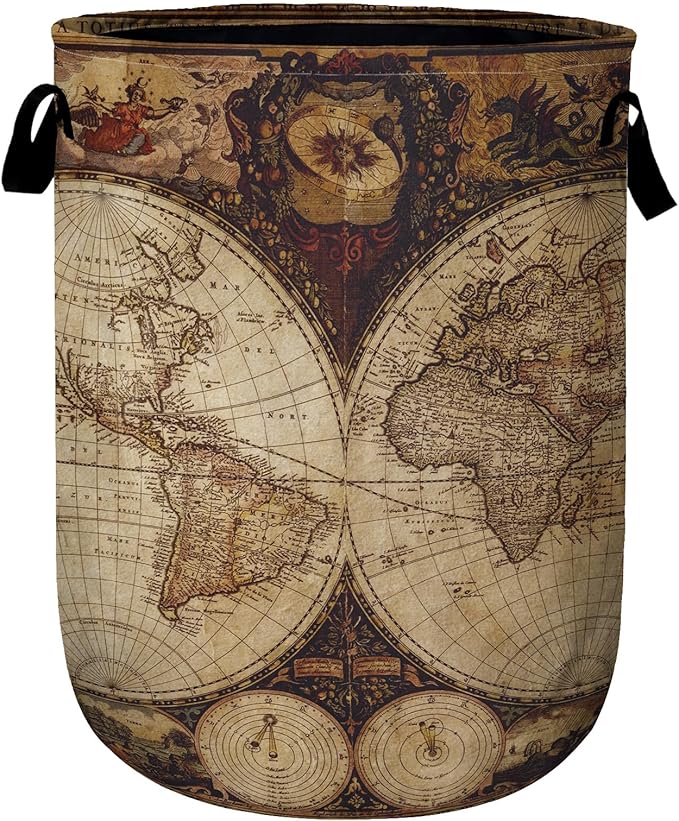 World Map Laundry Basket, Laundry Hamper Collapsible Oxford Cloth with Handle Clothes Storage Bin for Bathroom Laundry Room Bedroom 15.7 X 20 Inch