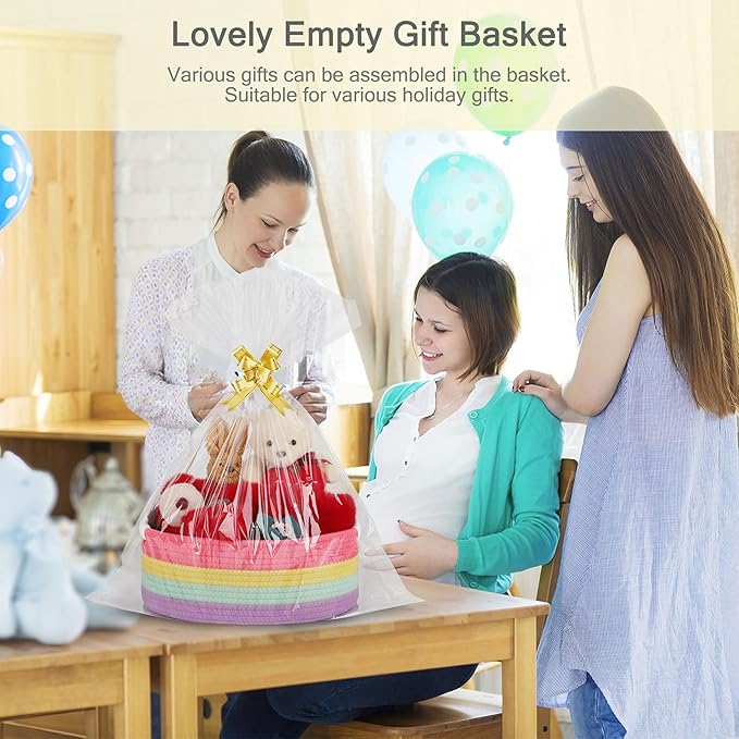 Small Woven Basket with Gift Bags and Ribbons, Empty Baby Gift Baskets for Kids Women Men, Shelf Storage, Small Cat Dog Pet Toy Boxes, 13”x 9”x 5.5”, Rainbow