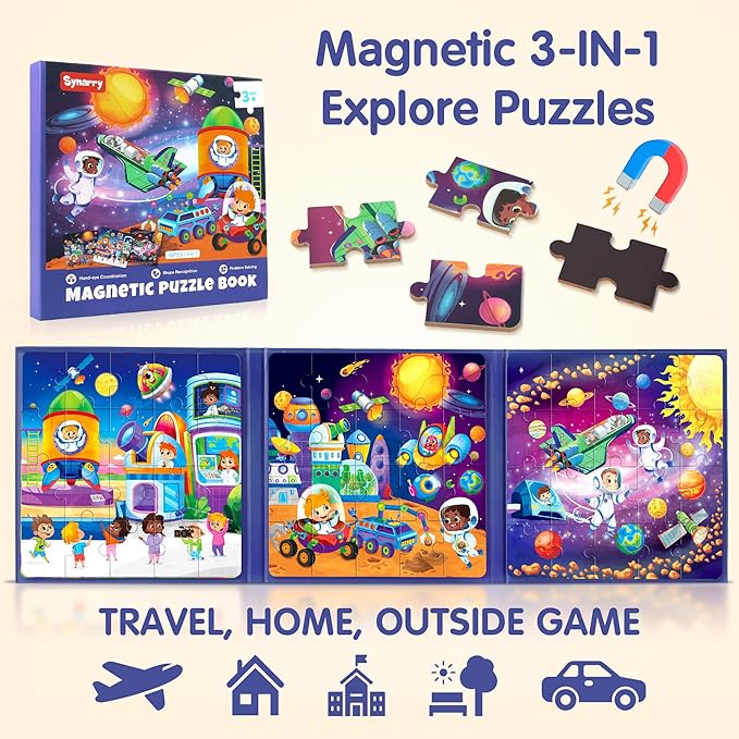 SYNARRY Magnetic Puzzles for Toddlers 3-5, Space Planets Solar System Travel Puzzles for Kids Ages 4-6, Easter Basket Stuffers Gifts for Kids, Car Airplane Road Trip Activities Magnet Games Toy