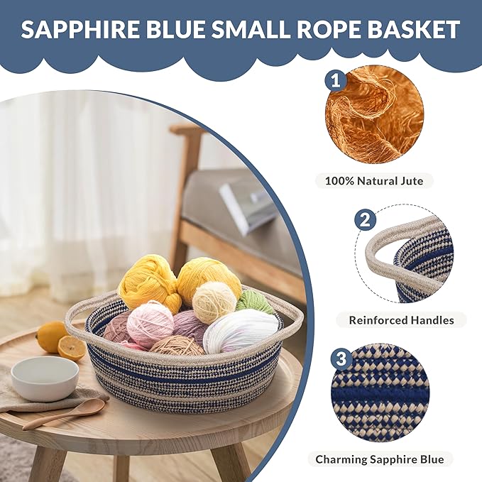 ZOES HOMEWARE Sapphire Blue Small Basket for Gifts, Jute&Cotton Woven Bin for Cat & Dog Toy, Cute Small Rope Basket for Nursery, Living Room& Bathroom, 13''x8''x5.5''