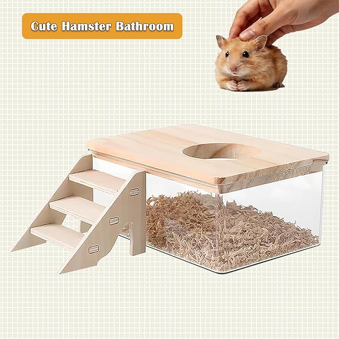 Transparent Hamster Sand Bath Box with Ladder Acrylic Dust Bath Digging Box and Hideout Clear Small Pet Bathroom for Hamsters Gerbils