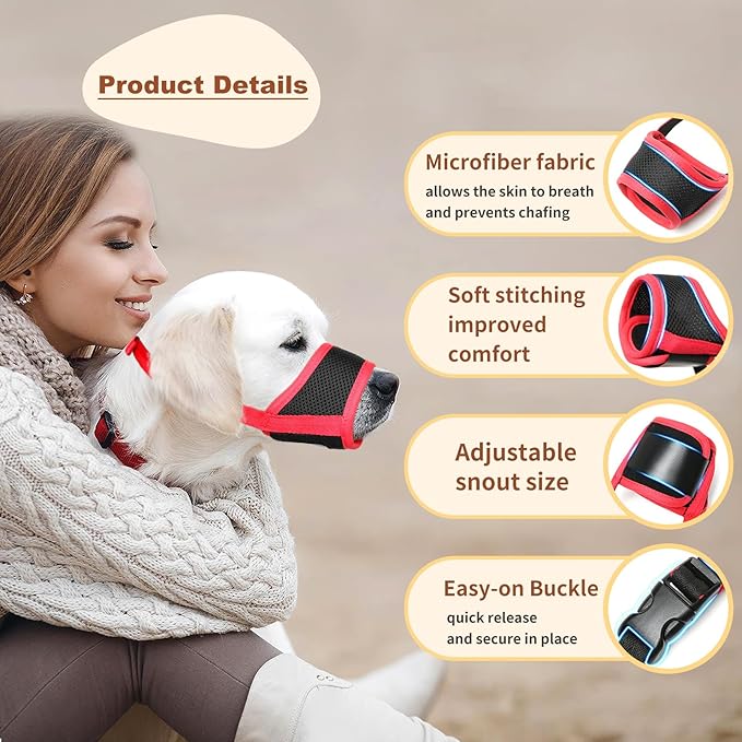 HEELE Dog Muzzle,Soft Nylon Muzzle Anti Biting Barking Chewing,Air Mesh Breathable Drinkable Adjustable Loop Pets Muzzle for Small Medium Large Dogs 4 Colors 4 Sizes (Red, L)