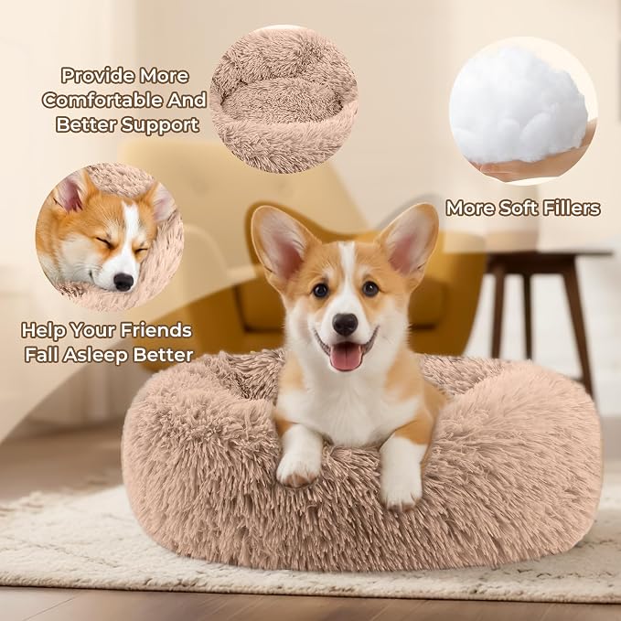 Calming Extra Large Donut Dog Bed, Anti-Anxiety Round Soft Fluffy Plush Faux Fur Washable Anti-Slip Pet Bed for Medium Dogs Up to 45 lbs 32in (Camel)