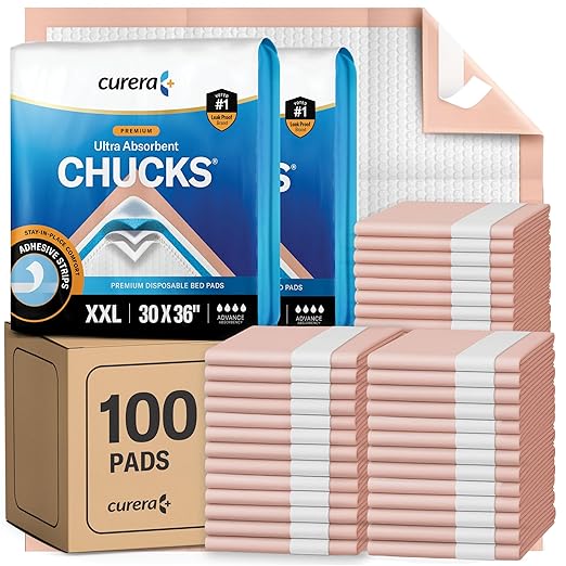 Curera Chucks® Premium Disposable Underpads 30”x36” [100-Count] Ultra Absorbent Chux Incontinence Bed Pads Disposable Adult with Adhesive Tape, Pee Pads Pet Training Pads XX-Large 30x36 Bulk Pack