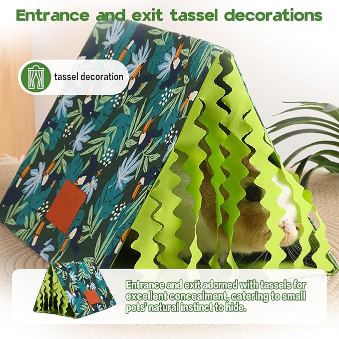 Hamster Hideout Tent with Curtain,Bunny Hideout, Machine Washable Guinea Pig Hide Tent Houses & Habitats, Triangular Hideout Shelter Small Animal Bed,Ferret, Rat, Chinchilla, Squirrel（tassel）