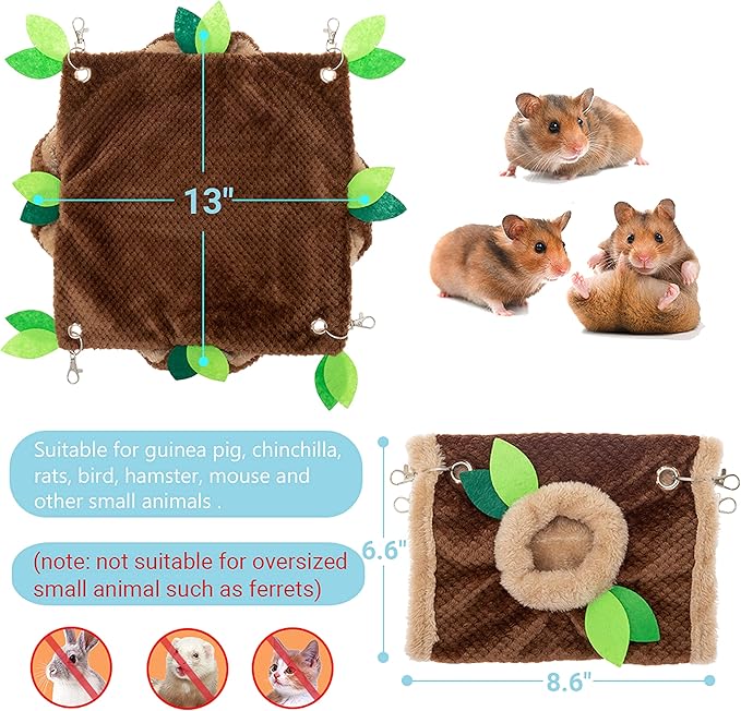 Small Animal Hammock - Hanging Hammock & Tunnel Hideout for Guinea Pig Hamster Parrot Rat Chinchilla - Warm Swing Plush Cage Bed Washable Pet Hammock