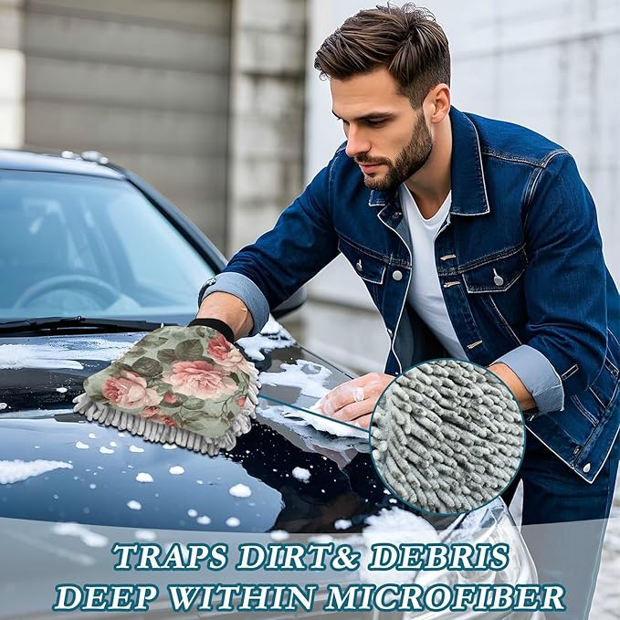 Car Wash Mitt Microfiber Wash Mitts for Car Washing Scratch-Free Cleaning Gloves Soft Non Absorbent Chenille Auto Hand Mitt Medium 2Pack Sage Green Elegant Roses with Leaves