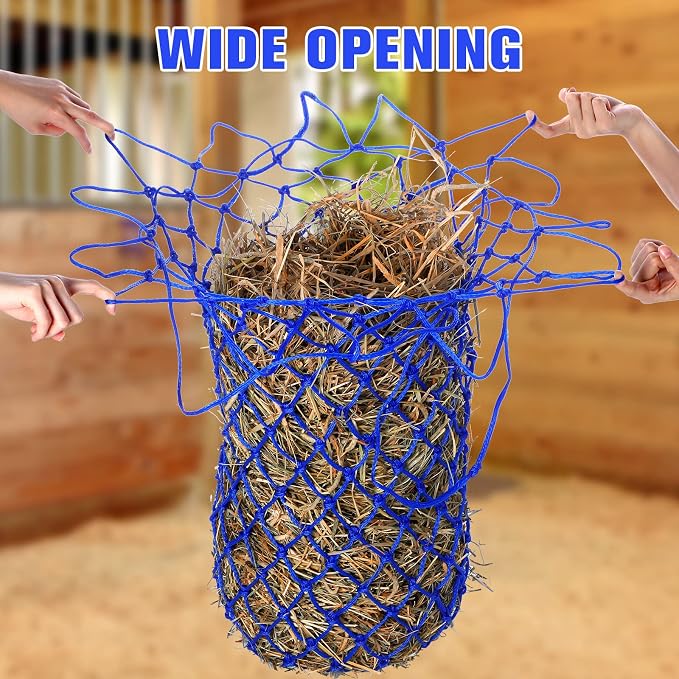 Nuenen 4 Pcs Hay Bags for Horses Goat 40 Inch Oxford Slow Feeder Hay Nets Bag for Horses Sheep Hanging Feeding Supplies Trailer Stable(Blue)