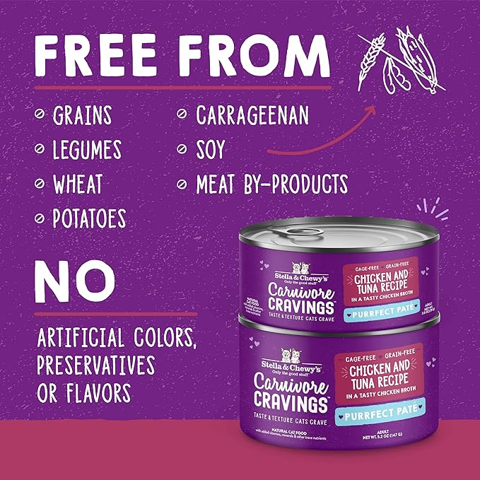 Stella & Chewy's Carnivore Cravings Purrfect Paté - Premium Grain-Free Wet Cat Food - Chicken & Tuna Recipe - High Protein with Bone Broth - Perfect for Picky Eaters - 5.2oz Cans (24 Pack)