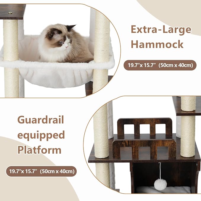 Gitelsnour Cat Tree, 70.9 Inch Wood Cat Tower for Large Cats Adult, Modern Cat Furniture with Double-Layer Wooden Cat Condo, 2 Platforms, Large Hammock and Scratching Posts, Rustic Brown GCT102SR