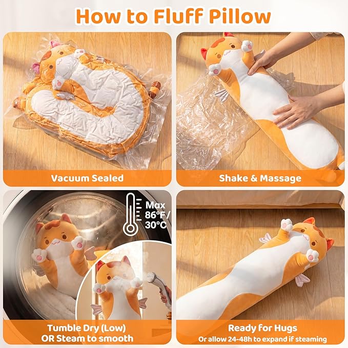 Mewaii Long Cat Plush 5 Sizes, 120% Extra Filling Giant Plushness Kids Body Pillow, Kawaii Cute Brown Cat Stuffed Animals Plushies, Big Long Body Pillow Cat Plush Gift for Girls 53”