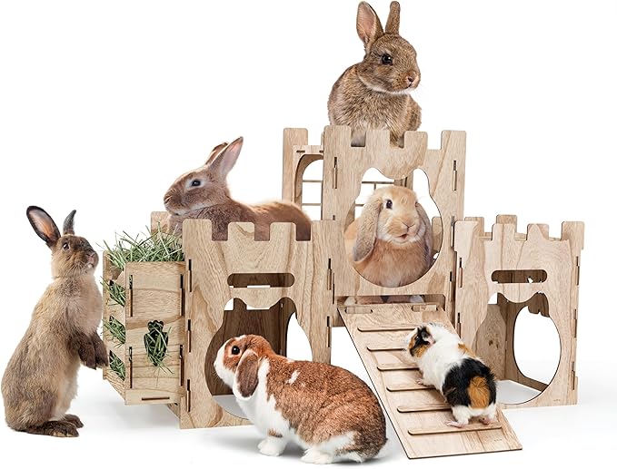 Larger Bunny Castle Sturdy Walnut Color Wooden Rabbit Hideout for Bunnies Guniea Pigs Ferrets Chinchillas Hamsters LXUS (Castle Ramp Feeder)