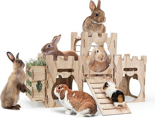 Larger Bunny Castle Sturdy Walnut Color Wooden Rabbit Hideout for Bunnies Guniea Pigs Ferrets Chinchillas Hamsters LXUS (Castle Ramp Feeder)