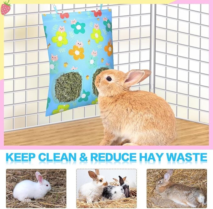 UPINS 3 Hay Bag for Rabbits, 2-Hole Hanging Hay Feeder for Chinchillas, Rabbits, Hamsters and Small Pets