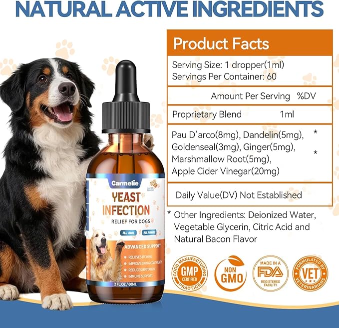Carmelie Natural Yeast Relief for Dogs, Support Healthy Itch Relief, Ear Paw Discomfort Care, Itch Relief for Dog, Allergy Supports, Inflammation Relief for Dogs, 60ml Bacon Flavor