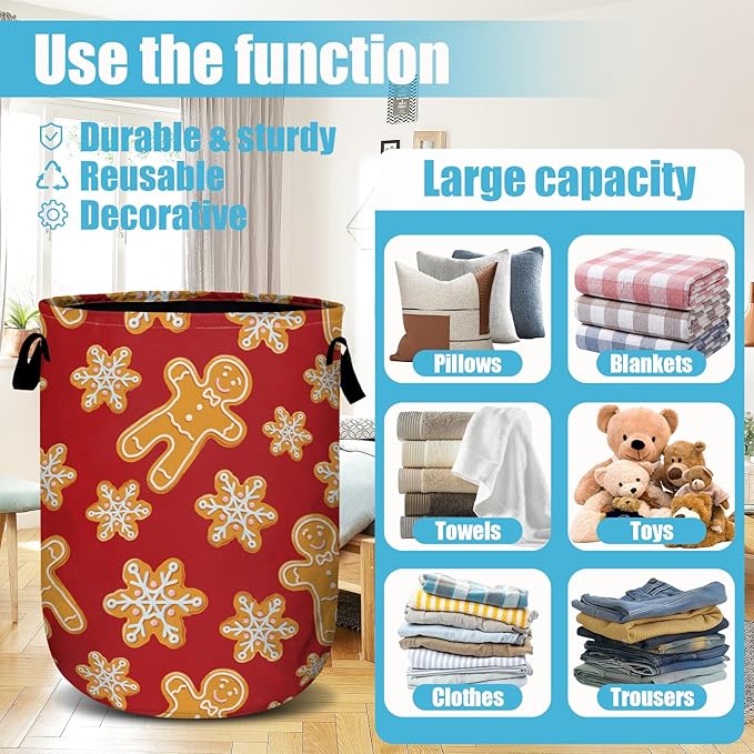 Red Gingersnap Laundry Basket, Christmas Laundry Hamper Collapsible Oxford Cloth with Handle Clothes Storage Bin for Bathroom Laundry Room Bedroom 15.7 X 20 Inch