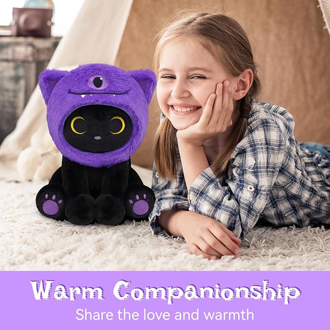 Black Cat Plush Toy, 8inch Cute Stuffed Cat with Purple One-Eyed Monster Removable Hood, Soft Toy Monster Kitten Plushie Kawaii Christmas Brithday Gifts for Girls Boys