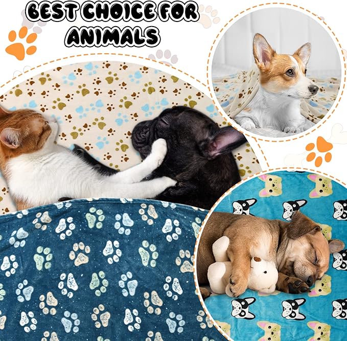 Rezutan Dog Blanket for Medium Dogs, 1 Pack 3 Premium Soft Cat Puppy Blankets, 30x20 inch, Flannel Cute Paw Print for Small Kitten Kennel Crate Bed, Blue/Beige/Navy Blue