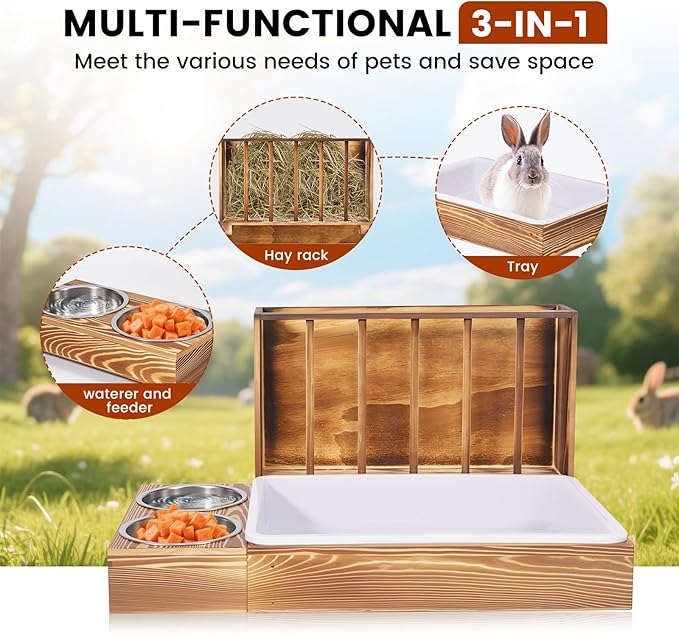 3 in 1 Rabbit Hay Feeder with Litter Box and 2 Bowls, Bunny Feeder Guinea Pig hay Rack Holder & Litter Box for Chinchilla Hamsters Guinea Pig Rabbit Bunny Small Animals (Brown)