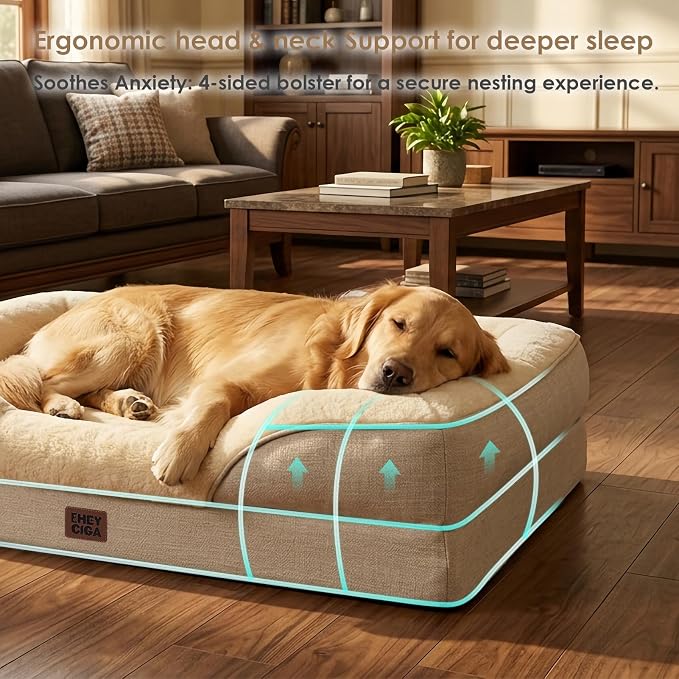 EHEYCIGA Orthopedic Dog Bed for Medium Dog, 35x22 Inch Memory Foam Dog Couch Bed with Sides, Waterproof Liner & Washable Removable Cover, Bolster Pet Sofa, Beige