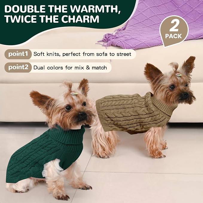 Dog Sweater 2 Pack for Small Dogs, Size S, Green & Brown | Stretchy cable knit turtleneck, machine washable, high belly cut, comfy winter fit for Chihuahua, Maltese