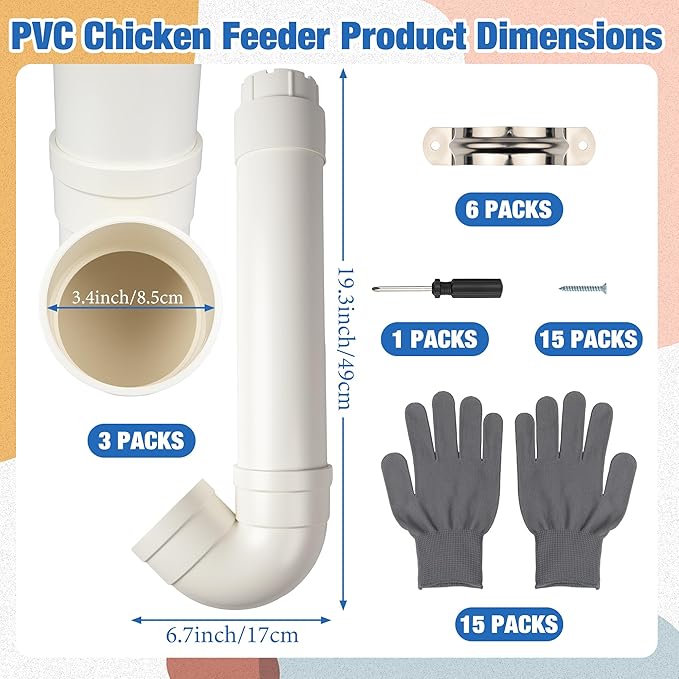 Homar 3pc Automatic PVC Chicken Feeder - No Waste, 6lb Large Capacity Heavy Duty Rat Proof PVC Pipe Tube Chicken Feeder for Coop Poultry Long Feeding