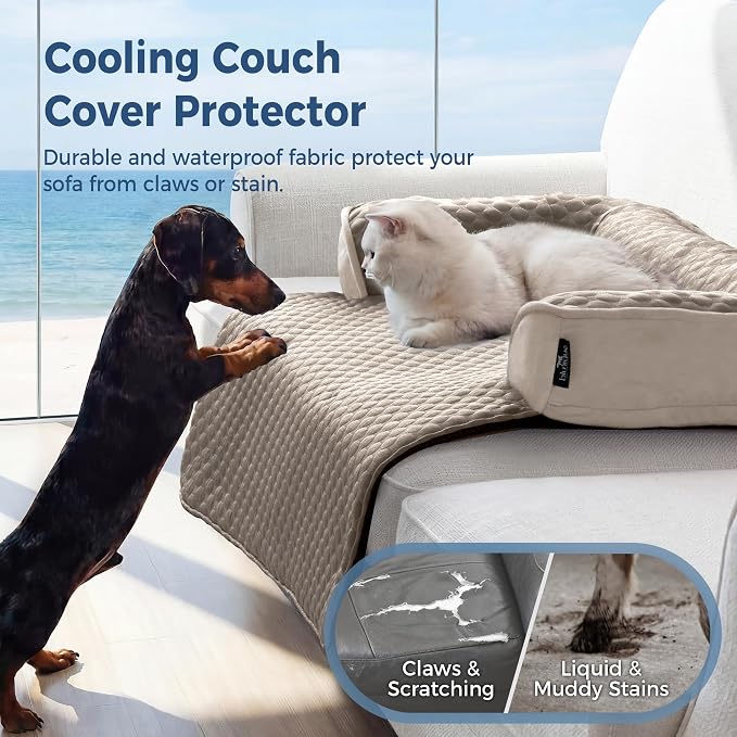 Medium Cooling Dog Bed Mat - 35 x 31 inch Waterproof Couch Cover for Dogs Washable, Non-Slip Bottom Self Cooling Mat for Dogs, Durable & Non-Gel, Dog Couch Bed for Sofa Floor Car, Taupe