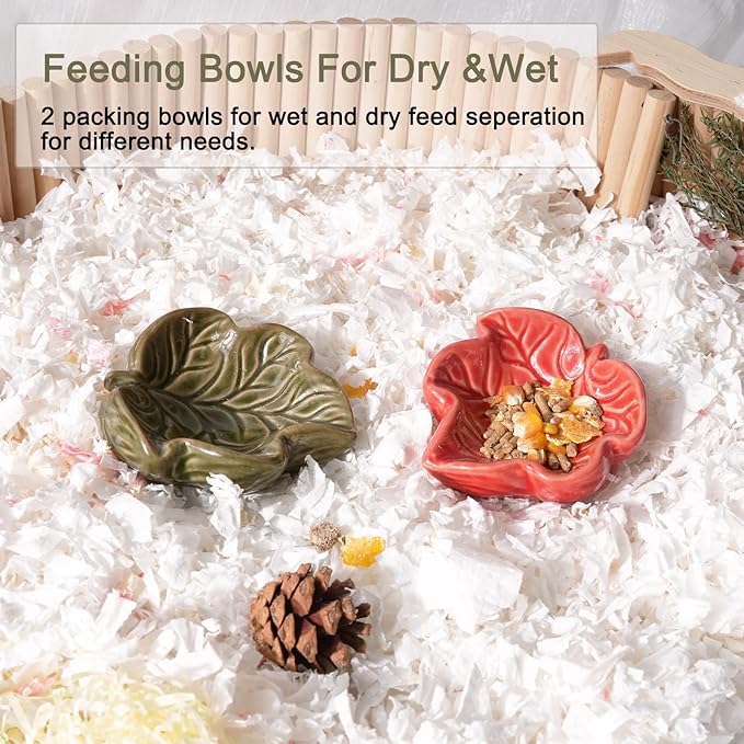 Hamtser Food Bowl,2 Packs Leaf Hamster Bowls,Ceramic Feeding Bowl,Food Dish for Small Animals Gerbil Dwarf Hamster Rat Mice Guinea Pig(Red + Dark Green)