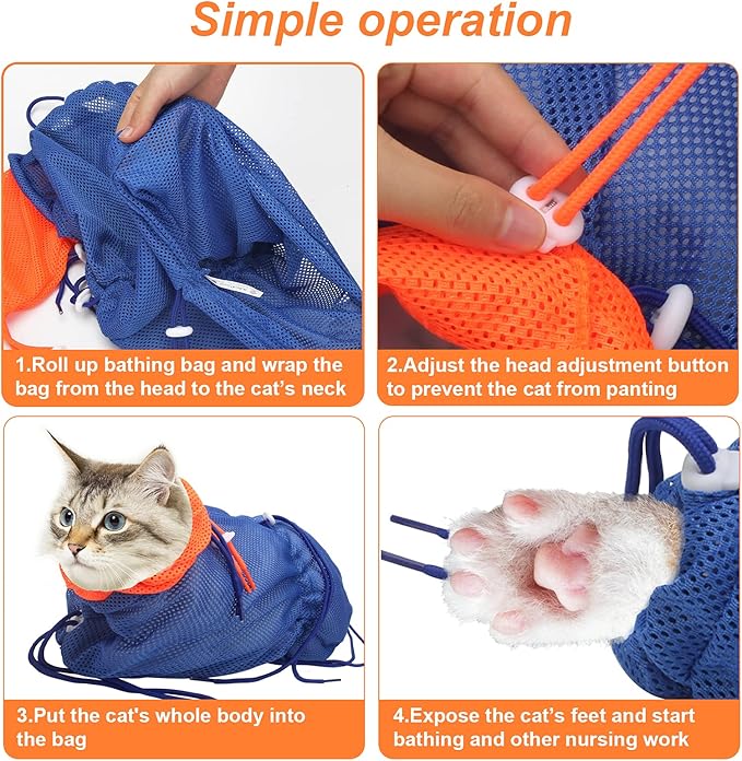 Cat Bathing Bag, Catcan Anti Scratch Cat Washing Bag Breathable Mesh Adjustable Grooming Shower Bags for Nail Trimming