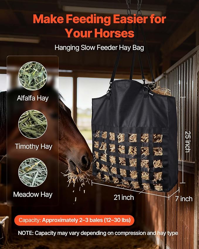 VEVOR Hay Bag for Horses, 21.65 x 7.28 x 25.2 in, 1.81 x 1.81 in Holes, Premium Nylon Construction with PVC Waterproof Coating, Adjustable Hanging Straps and Metal Hooks, Slow Feed Hay Bag for Horses