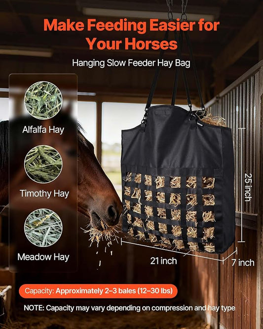 VEVOR Hay Bag for Horses, 21.65 x 7.28 x 25.2 in, 1.81 x 1.81 in Holes, Premium Nylon Construction with PVC Waterproof Coating, Adjustable Hanging Straps and Metal Hooks, Slow Feed Hay Bag for Horses