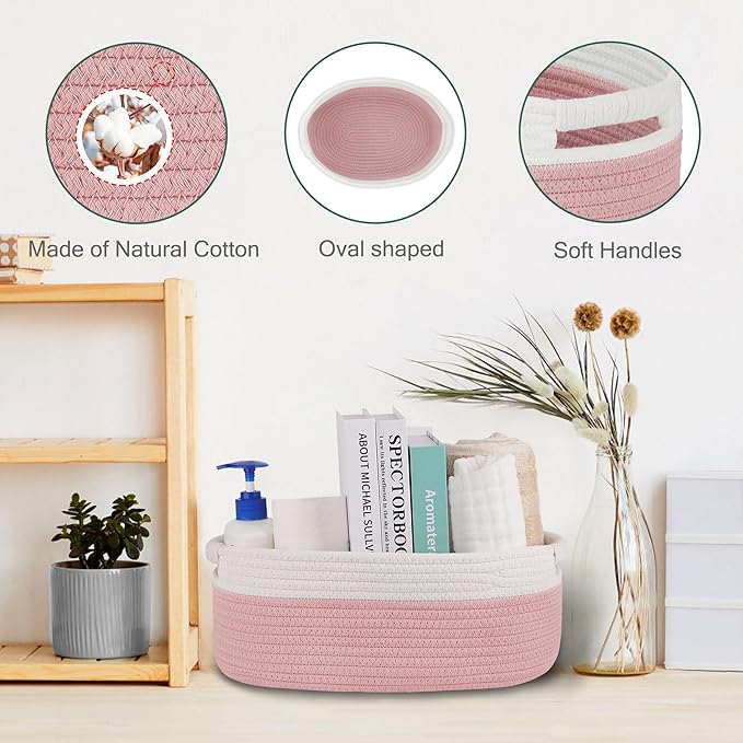 Small Woven Basket with Gift Bags and Ribbons, Empty Baby Gift Baskets for Kids Women Men, Shelf Storage, Small Cat Dog Pet Toy Boxes, 13”x 9”x 5.5”, Dusty Pink