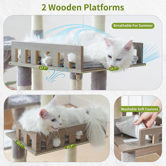 Gitelsnour Maine Coon Cat Tree, Heavy Duty Cat Tree for Indoor Cats Large Adult, Cat Tower for Large Cats 20 lbs+ with Hammock, 2 Big Perches, 2 Cat Condos, 15 Scratching Posts, Light Gray GCT033W
