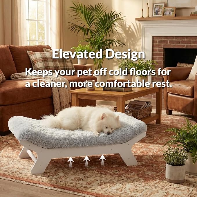 Muihood Wood Elevated Dog Bed Frame and Egg Crate Foam Mattress, Luxurious Suitable for Pets Up to 110 lbs, Walnut Grain Pattern, XL