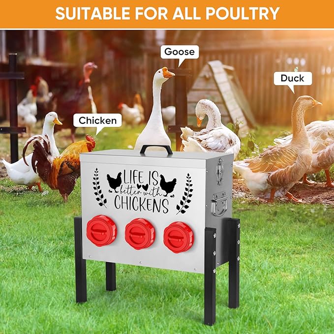 TGEYD 30 lb Chicken Feeder with 6 No-Waste Ports – Heavy-Duty Outdoor Metal Feeder with Adjustable Height, Locking Lid & Riveted Handles – Rustproof Feed Box for Poultry & Backyard Chickens