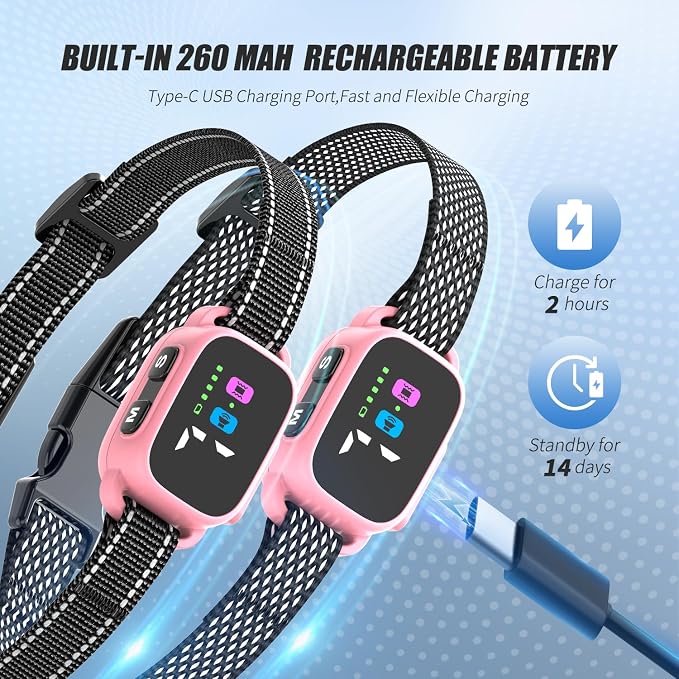 Anti Bark Collar for Small Dogs 2 Pack, No Shock Bark Collar with Beep & Vibration, 7 Sensitivity Levels, Rechargeable IP67 Waterproof Bark Collar for Small Dogs 5-30lbs, Pink
