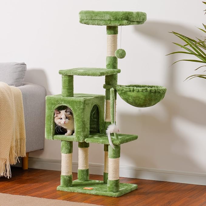 Heybly Cat Tree with Toy, 43.3 inch Cat Tower condo for Indoor Cats, Cat House with Padded Plush Perch, Cozy Hammock and Sisal Scratching Posts, Green HCT004SGR