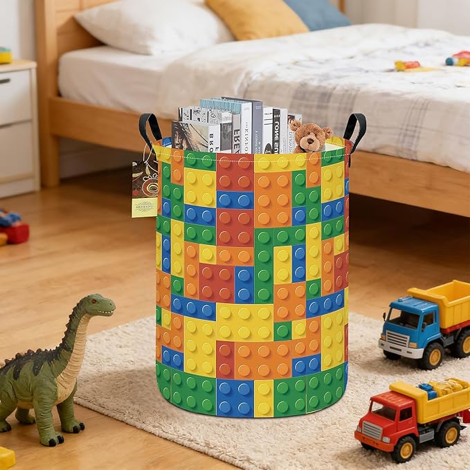 Collapsible Fabric Storage Basket, Waterproof Laundry Hamper with Handles, Round Storage Bin for Clothes Toys, Foldable Organizer for Bedroom Nursery Bathroom(Round-Colorful Blocks)