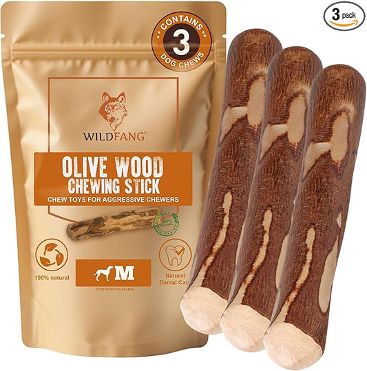 Wildfang® Olive Wood Chewing Sticks for Dogs, Medium - Tough Chew Toys for Aggressive Chewers, Puppy Chew Toys for Teething, Training for Chewing Muscles, Olive Wood Stick for Dog (33-55lbs), 3pack