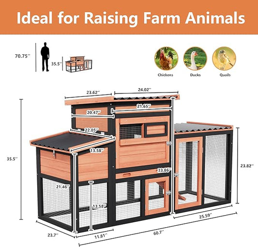 Outdoor Duck Coop with Run, Weatherproof Poultry Cage for 2-4 Chickens, Hen House with Nesting Boxes and Removable Tray for Easy Cleaning, Rabbit Cage Bunny Hutch in Orange with Black